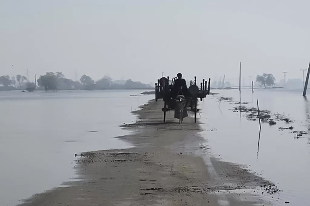 People travel along a road between flooded fields