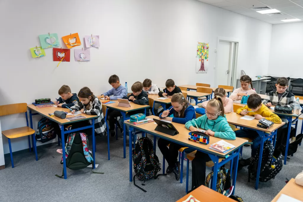 Children at a Ukrainian school in Poland