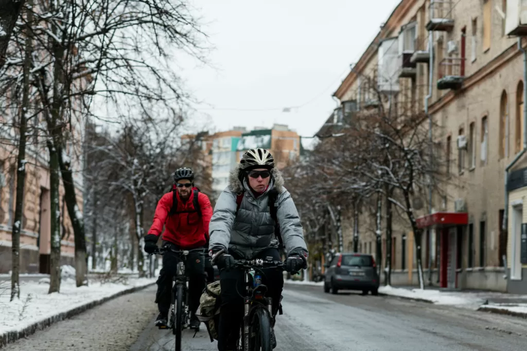 Cyclist Viktoria is one of the volunteers who delivers aid to housebound people in Kharkiv