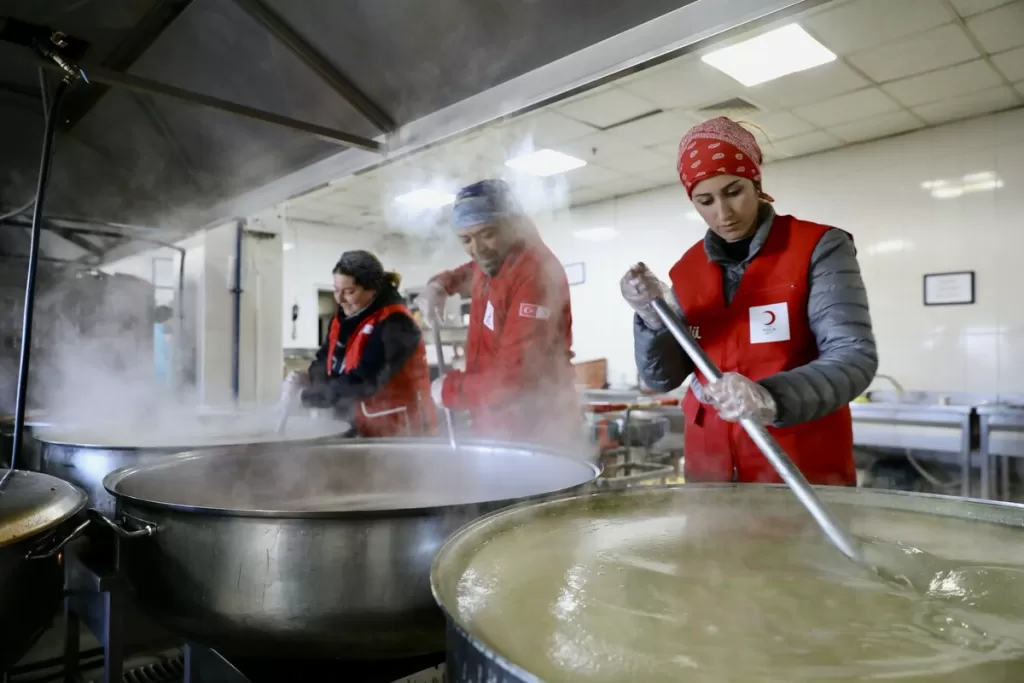 The Turkish Red Crescent prepare vats of hot food