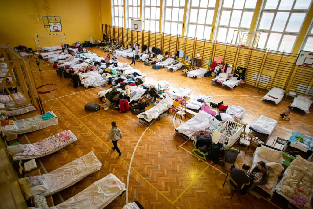 Temporary shelter for refugees at a school gym in Poland
