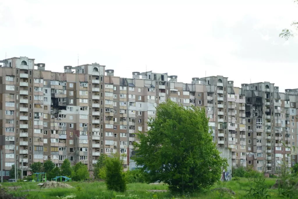 A landscape shot shows a damaged high-rise building in Kharkiv, Ukraine on 20 May 2022.