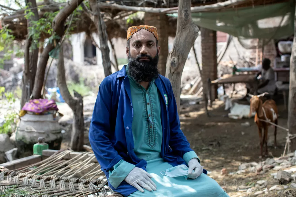 Senior Medical Technician, Alam Sher Khan, outside a medical camp for locals affected by the floods in Sindh, Pakistan 