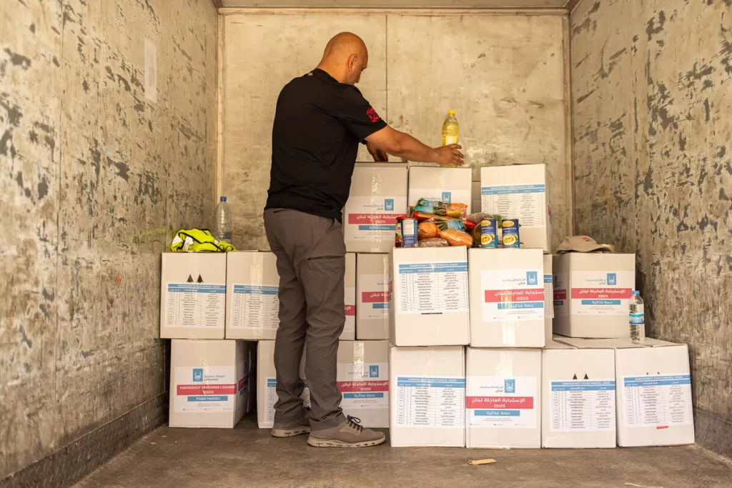 Boxes of aid in the back of a truck in Lebanon