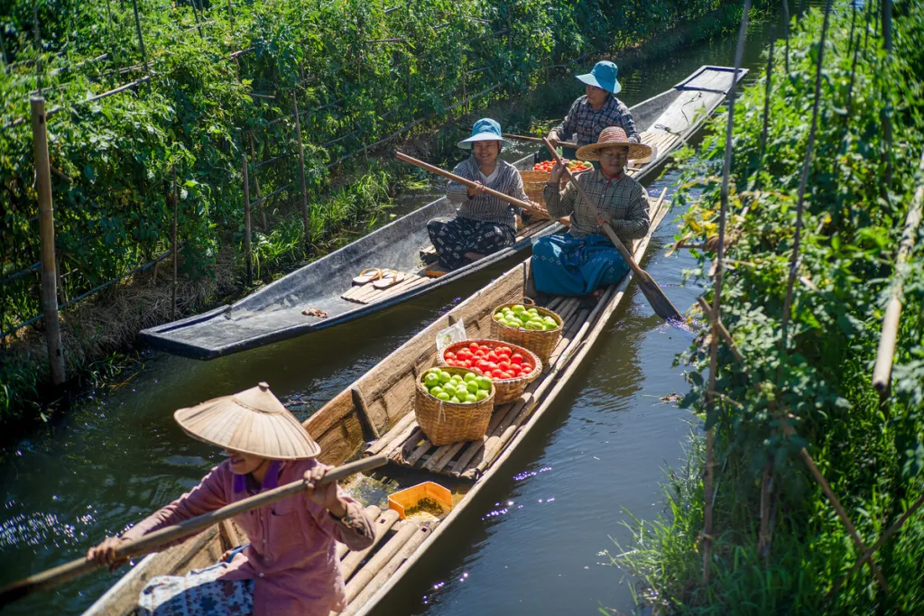 Farmers in Myanmar on boats 