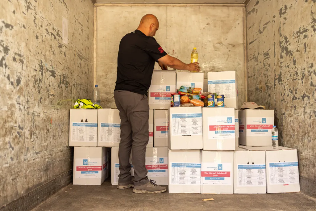 Boxes of aid in the back of a truck in Lebanon