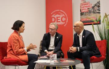 Parliamentary Undersecretary of State for FCDO, Catherine West MP, meets with DEC CEO, Saleh Saeed (R), and Chair of Trustees, Michael Jermy (C), following the launch of the Myanmar Earthquake Appeal, 4 April 2025. 