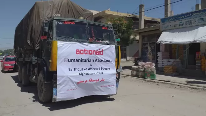 A truck delivers aid after an earthquake in Afghanistan