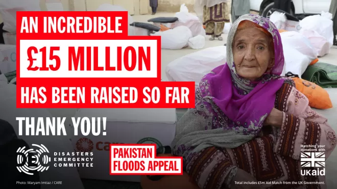 an older woman sits with aid recevied from CARE international