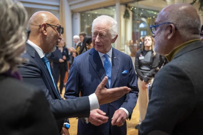 His Majesty The King talks to Saleh Saeed, CEO of the Disasters Emergency Committee and Dr Unni Krishnan, Global Humanitarian Director at Plan International.