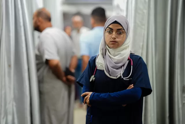 Dr Iman at a field hospital in Gaza that has more cases than the team can manage. Image: Arete/British Red Cross